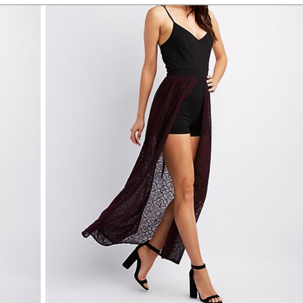 Black romper with maroon sheer skirt attached